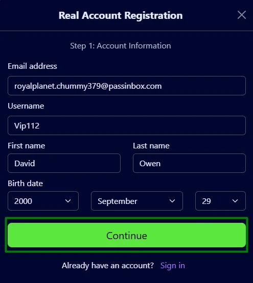registrtion form casino step one